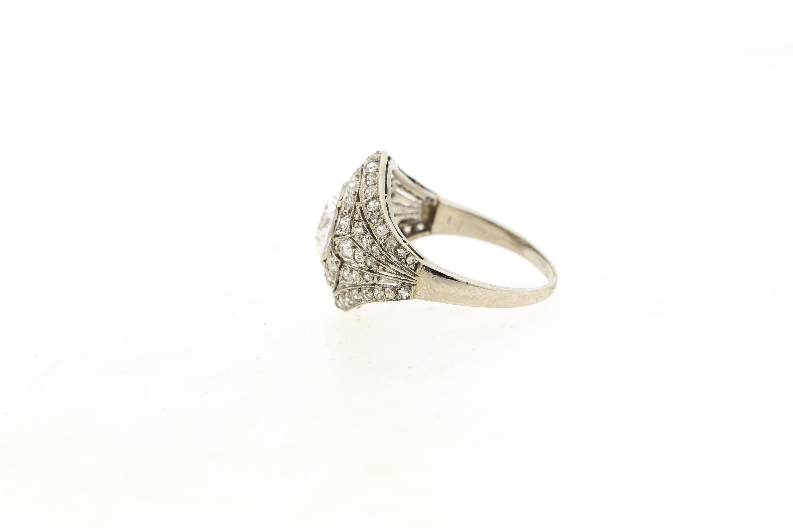 Women's Antique Art Deco Platinum Old European Cut Diamond GIA 1.81 Carat Ring