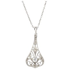 Antique Art Deco Platinum Old European Cut Diamond Pendant Drop Necklace
