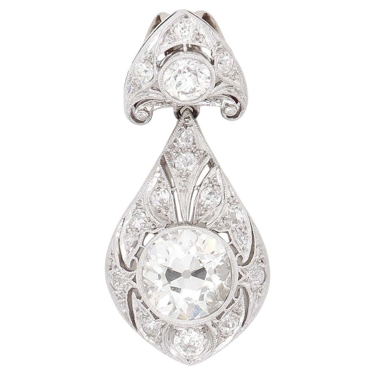 Antique Art Deco Platinum 
Old European Cut Diamond Pendant for a Necklace For Sale