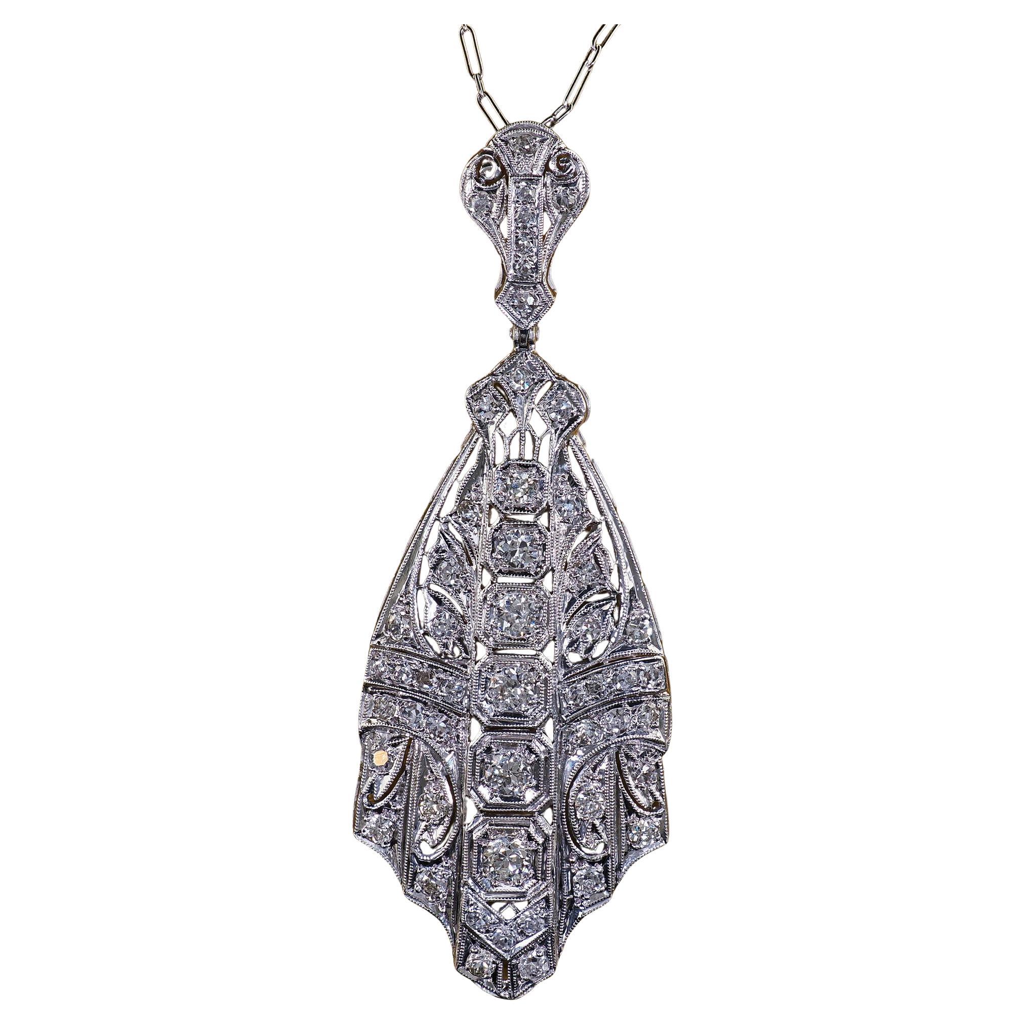 Antique Art Deco Platinum Old European Cut Diamond Pin and Pendant Necklace