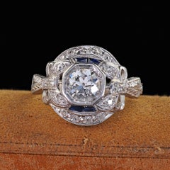 Antique Art Deco Platinum Old European Cut Diamond Sapphire Engagement Ring