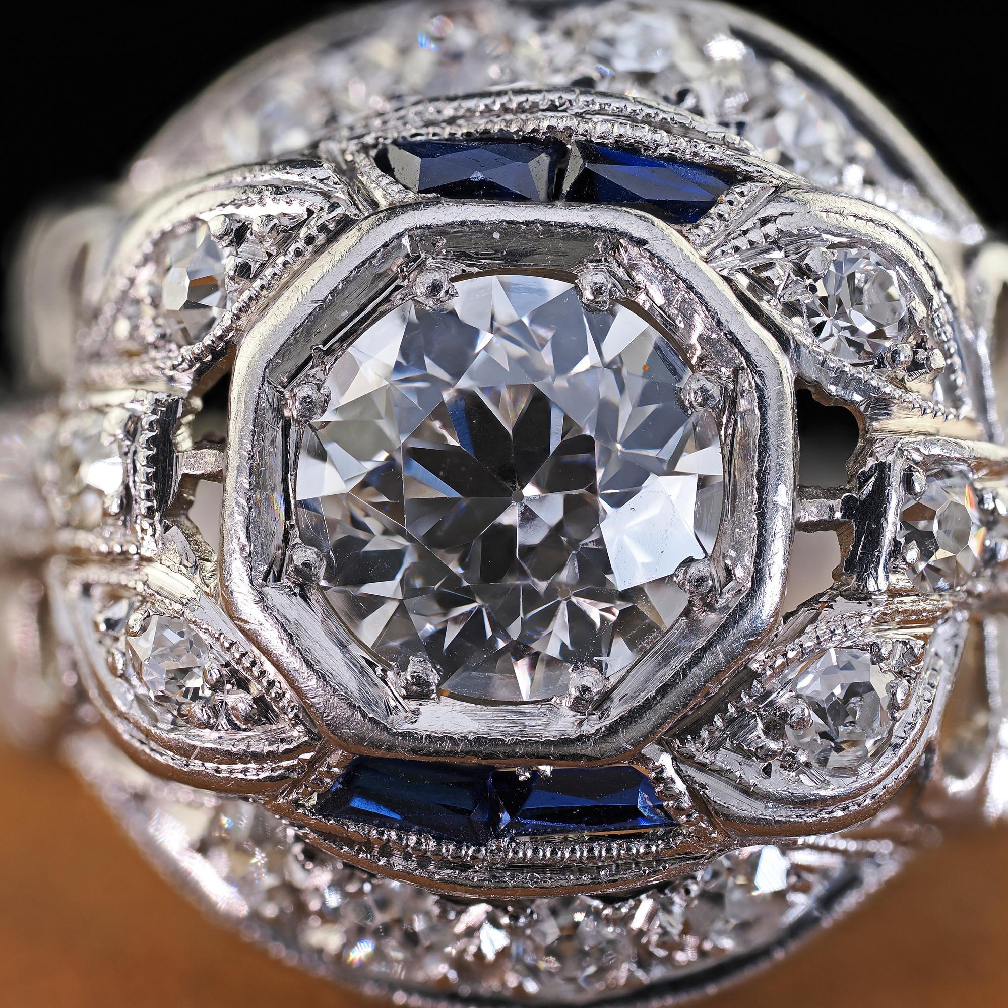 Bague de fiançailles Art déco ancienne en platine, diamant taille vieille Europe et saphir en vente 1