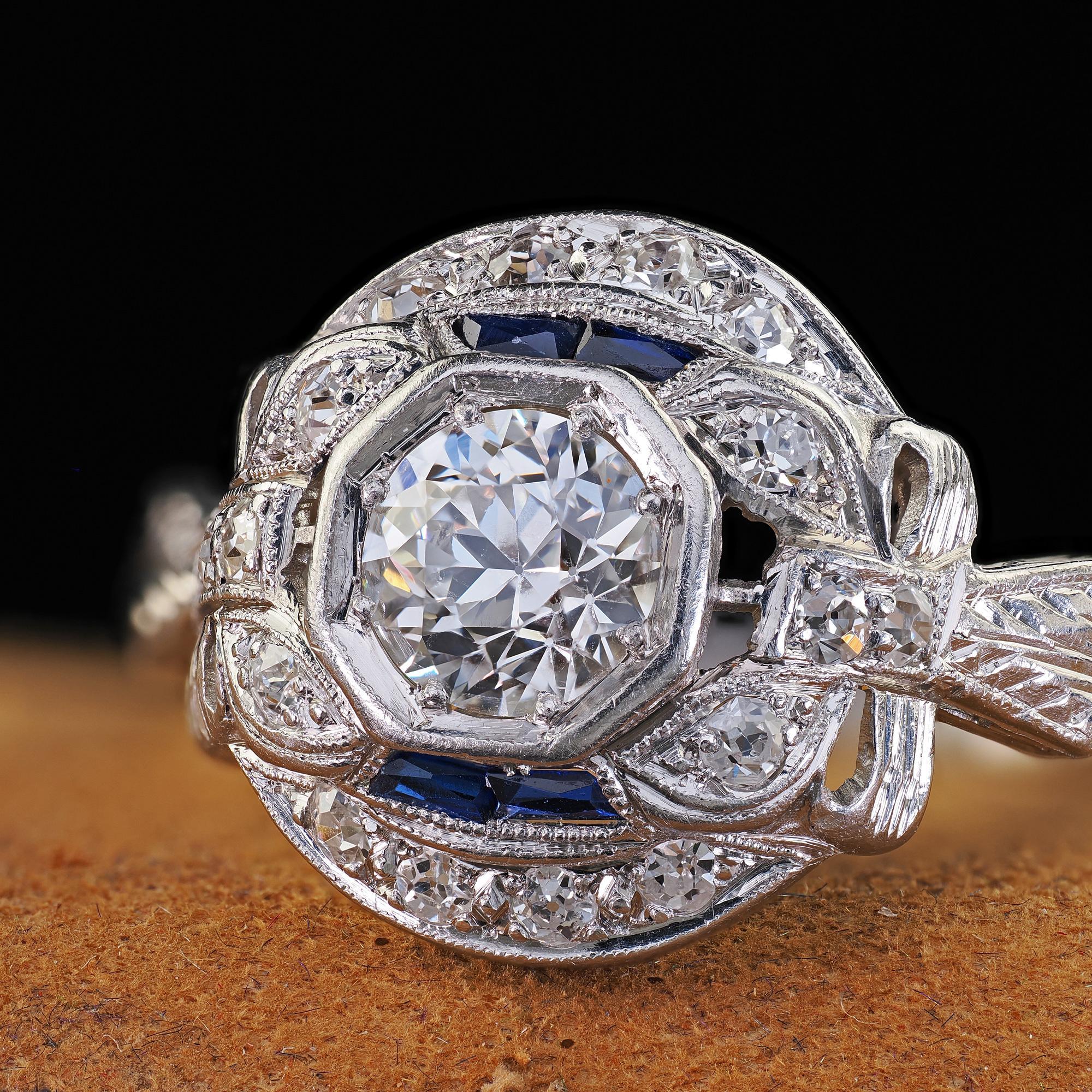 Bague de fiançailles Art déco ancienne en platine, diamant taille vieille Europe et saphir en vente 2