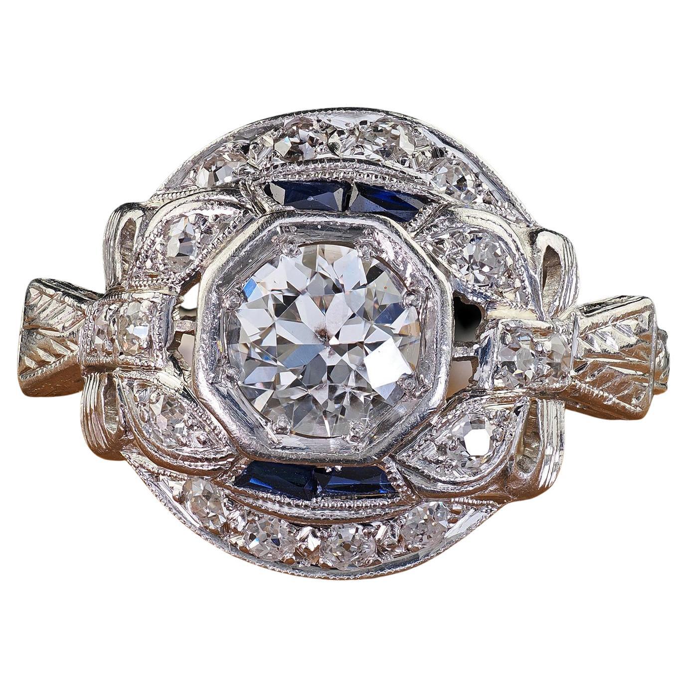 Antique Art Deco Platinum Old European Cut Diamond Sapphire Engagement Ring