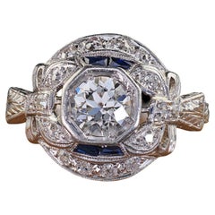 Antiker Art Deco Platin-Verlobungsring mit Diamanten und Saphiren im alteuropäischen Schliff