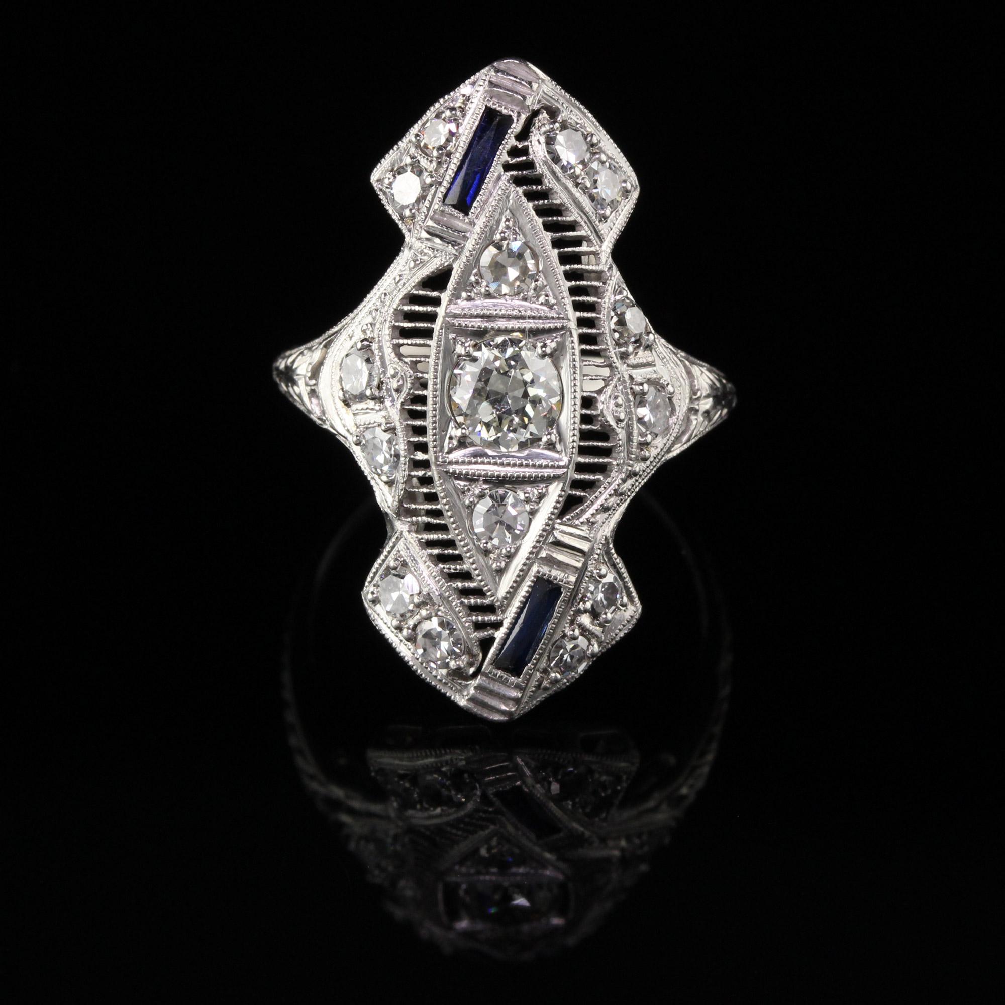 Antique Art Deco Platinum Old European Cut Diamond Sapphire Shield Ring In Good Condition For Sale In Great Neck, NY