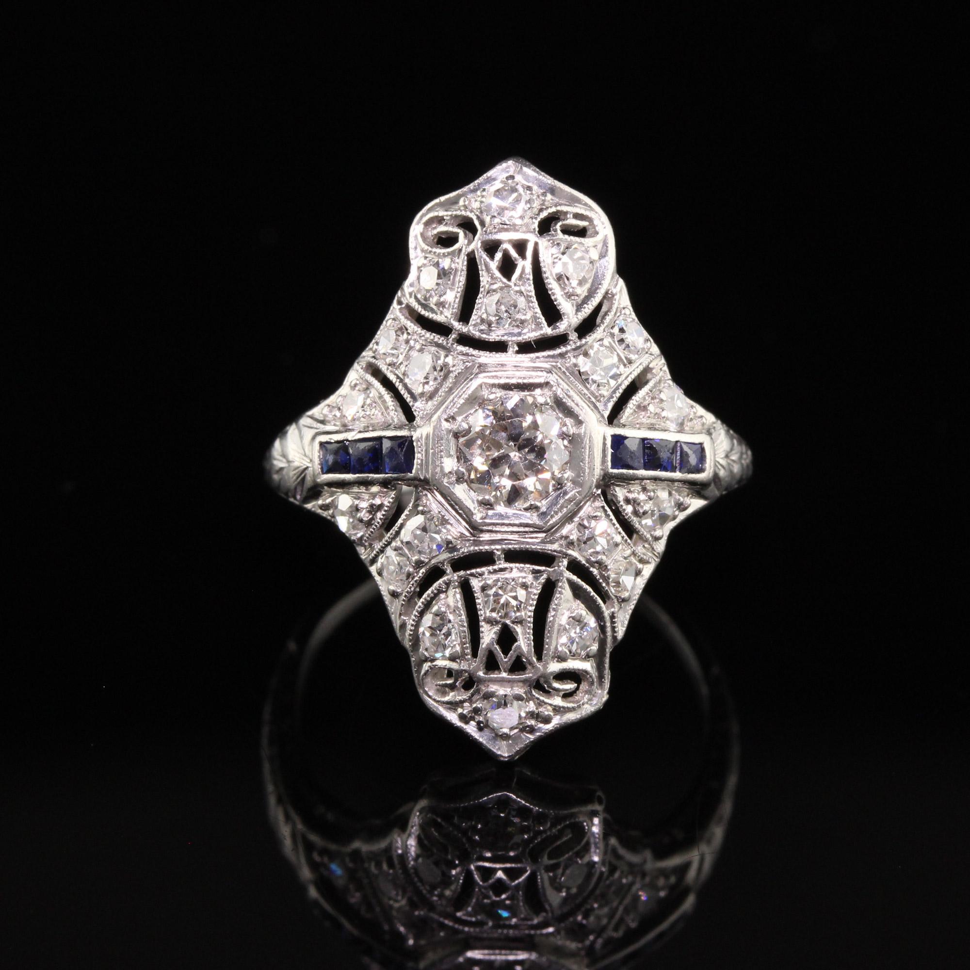 Antique Art Deco Platinum Old European Cut Diamond Sapphire Shield Ring In Good Condition In Great Neck, NY