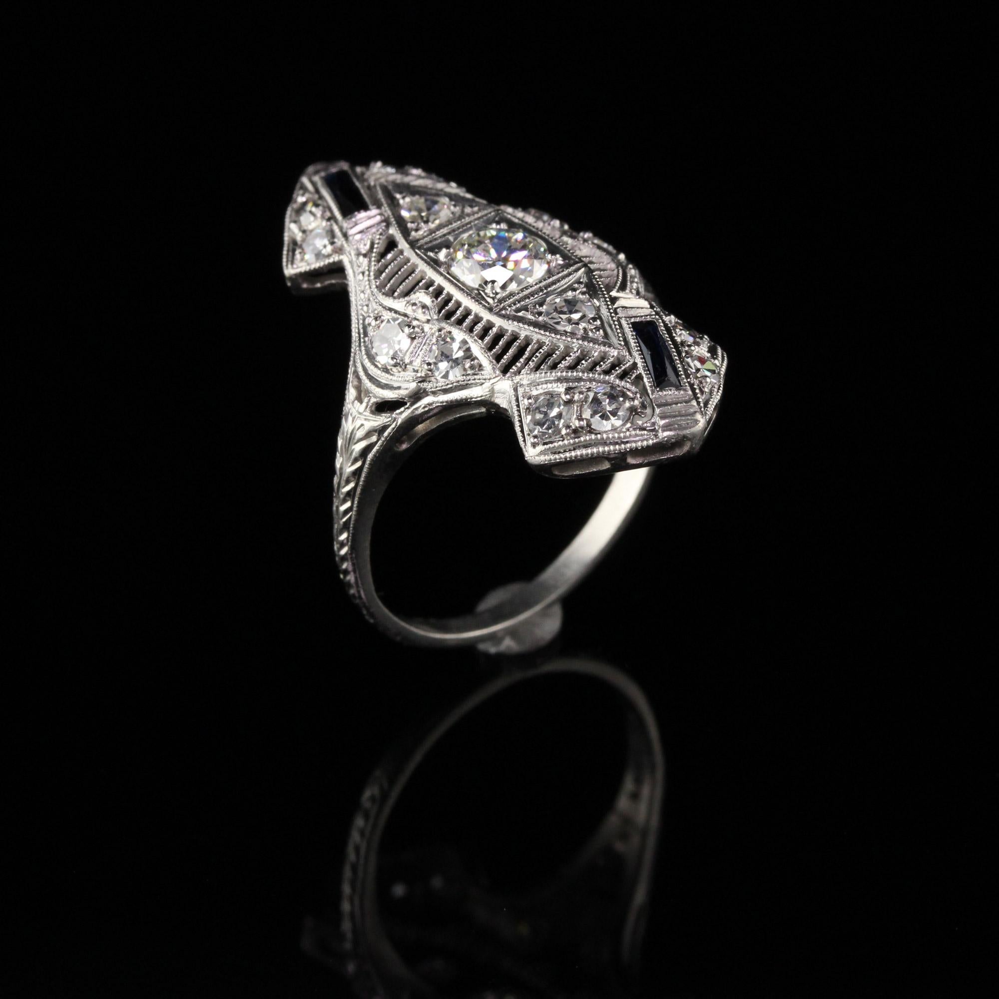 Antique Art Deco Platinum Old European Cut Diamond Sapphire Shield Ring For Sale 1