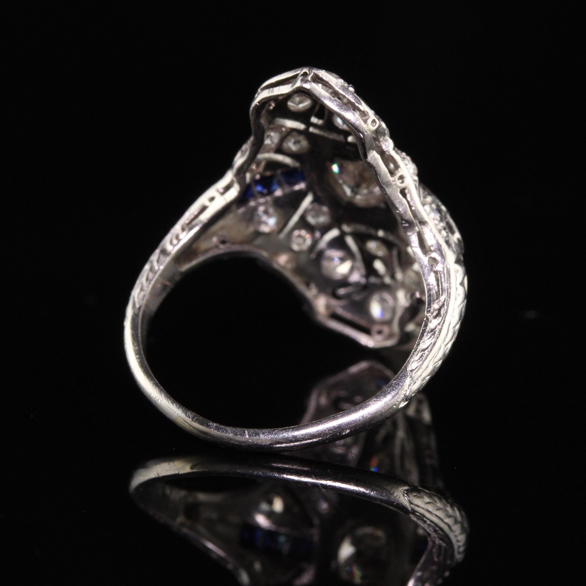 Women's Antique Art Deco Platinum Old European Cut Diamond Sapphire Shield Ring