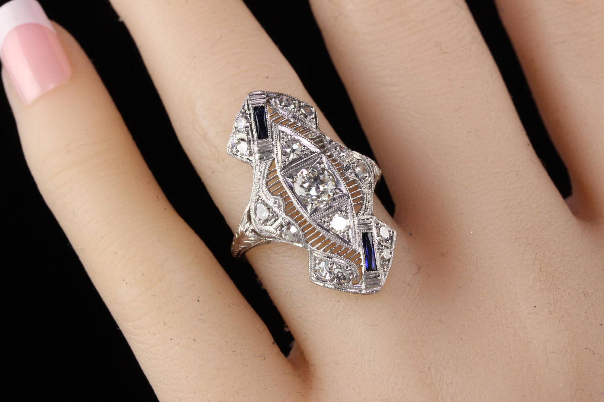 Antiker Art Deco Platin Old European Cut Diamant Saphir Schild-Ring Damen im Angebot