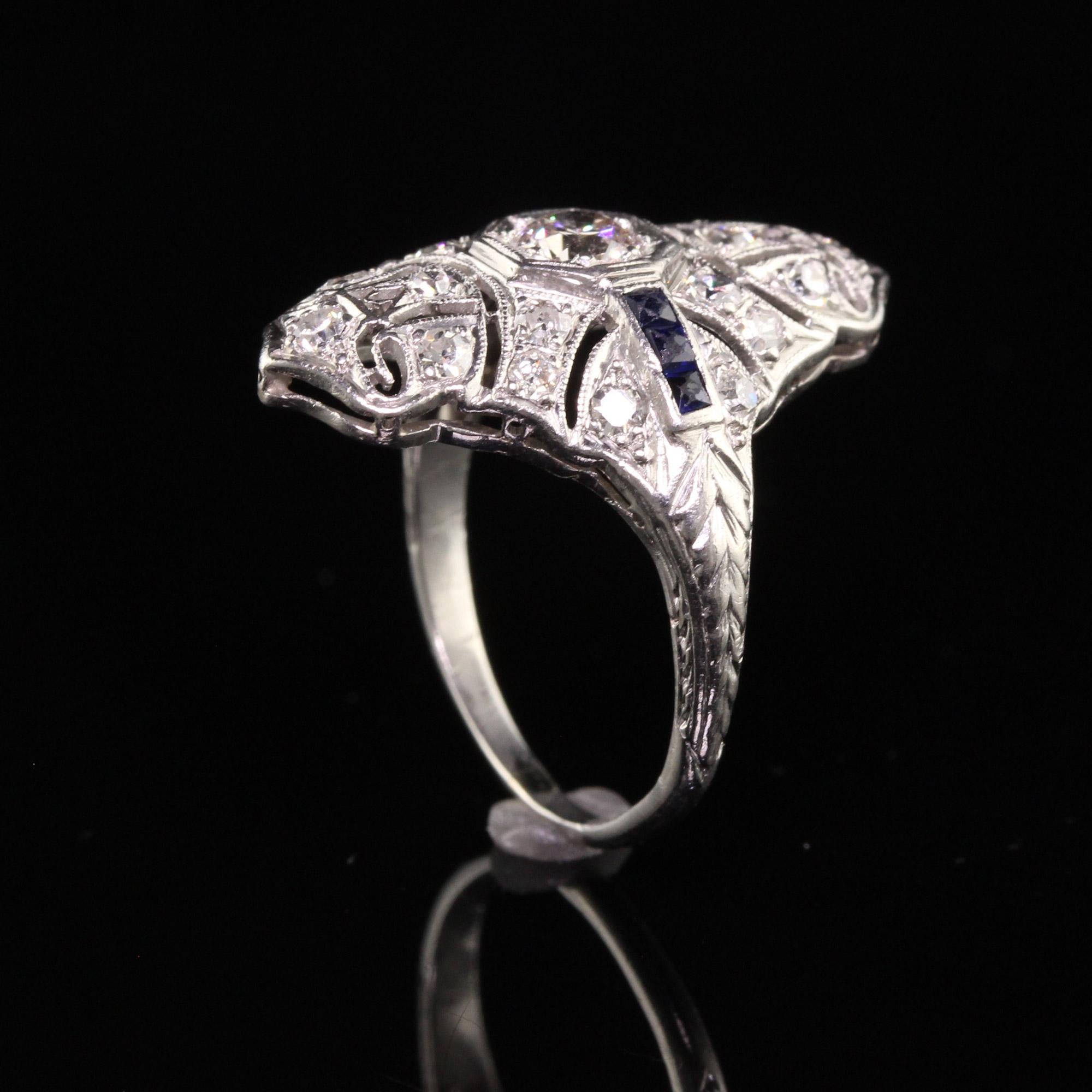 Antique Art Deco Platinum Old European Cut Diamond Sapphire Shield Ring 1