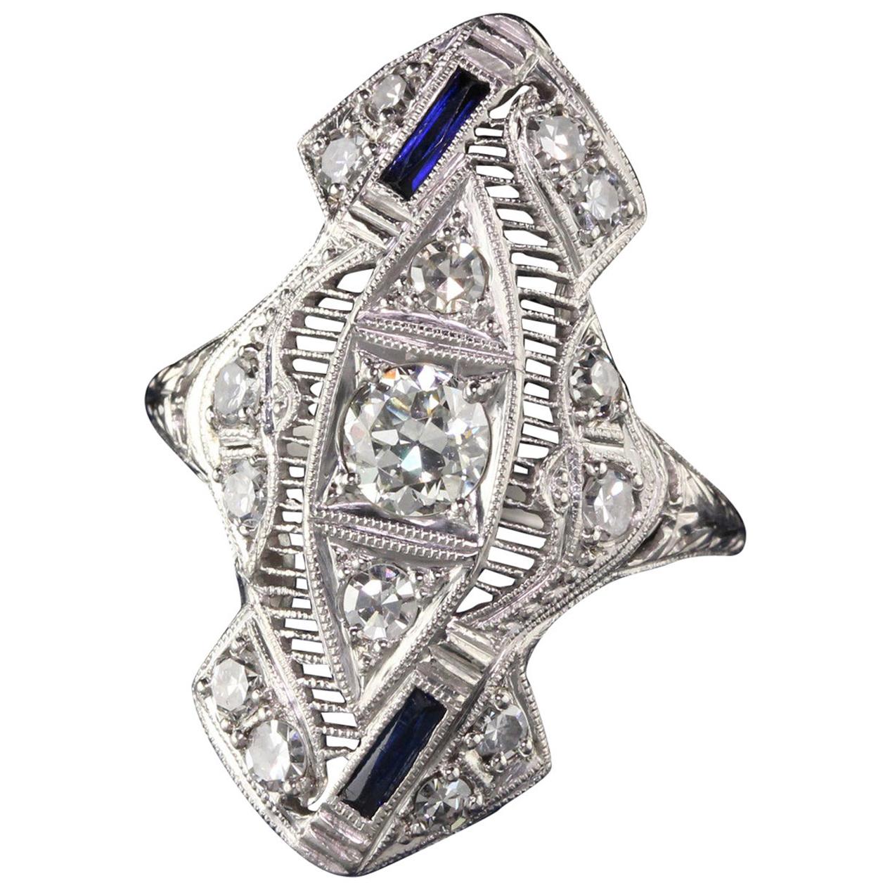 Antique Art Deco Platinum Old European Cut Diamond Sapphire Shield Ring For Sale