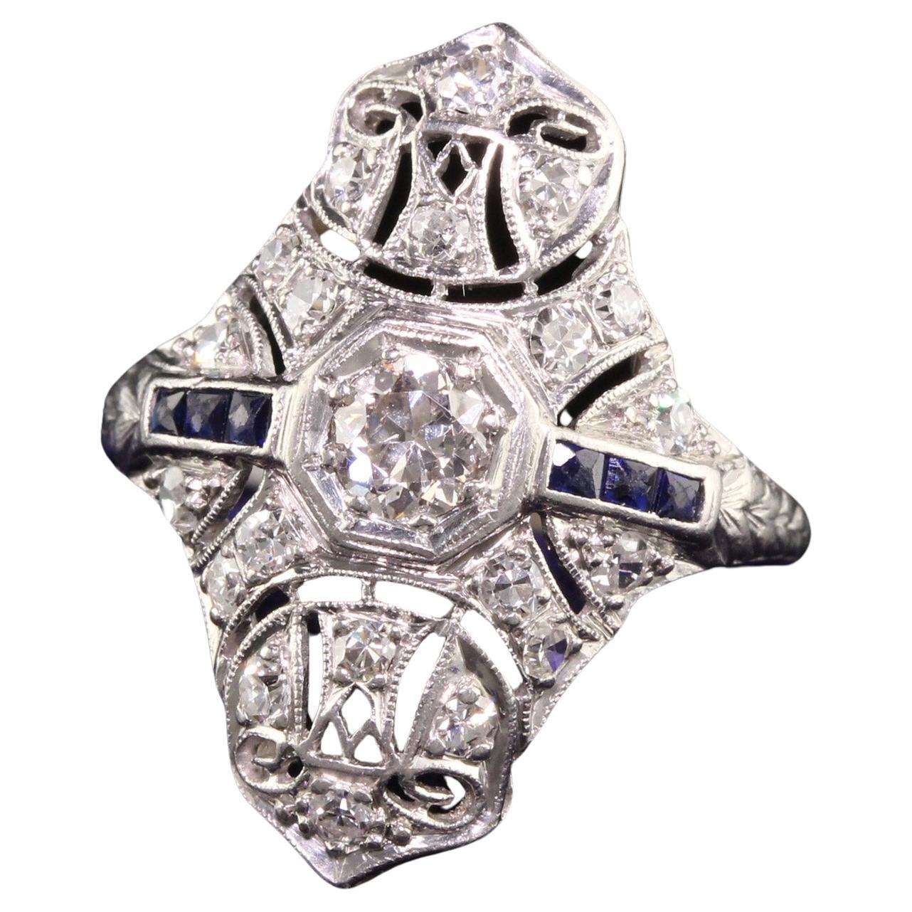 Antique Art Deco Platinum Old European Cut Diamond Sapphire Shield Ring