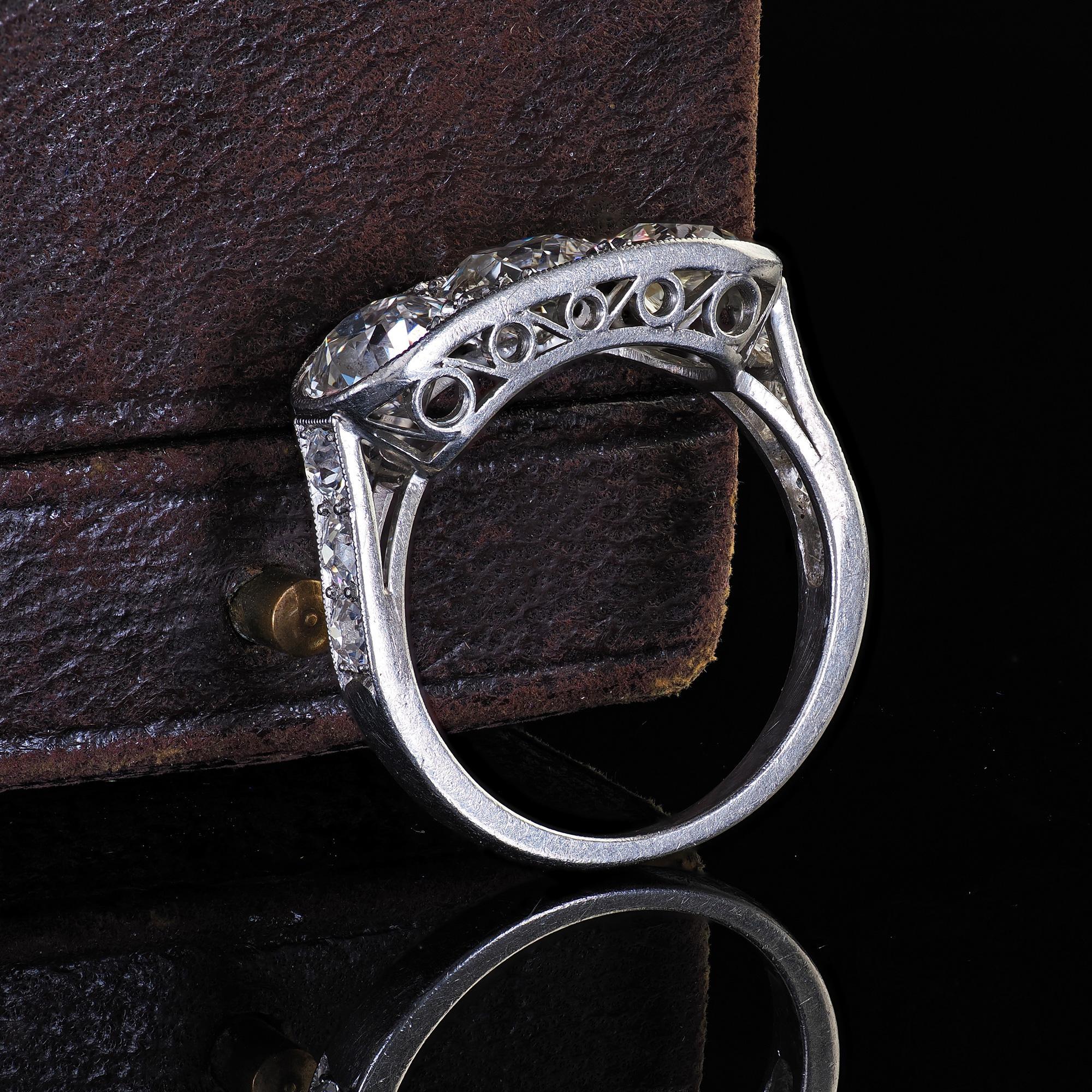 Antique Art Deco Platinum Old European Cut Diamond Three Stone Diamond Ring In Good Condition For Sale In Great Neck, NY