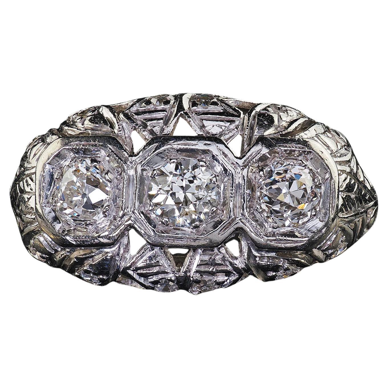Antique Art Deco Platinum Old European Cut Diamond Three Stone Filigree Ring