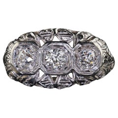 Antique Art Deco Platinum Old European Cut Diamond Three Stone Filigree Ring