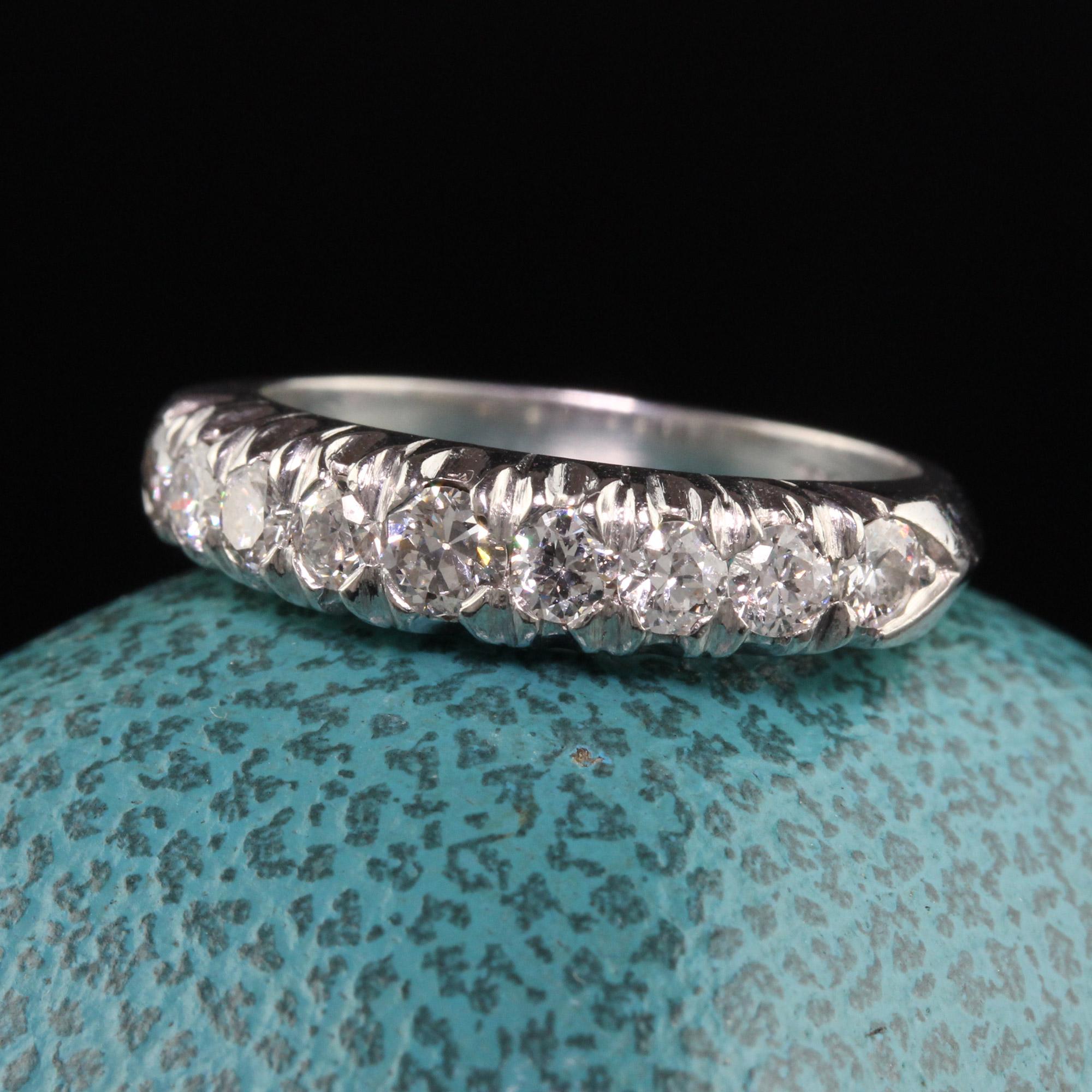 Beautiful Antique Art Deco Platinum Old European Cut Diamond Wedding Band. This gorgeous Art Deco band is crafted in platinum and has old european cut diamonds on the top of the band and the band is a knife edge design.

Item #R1199

Metal: