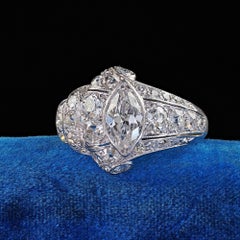 Antique Art Deco Platinum Old European Cut Marquise Diamond Cocktail Ring