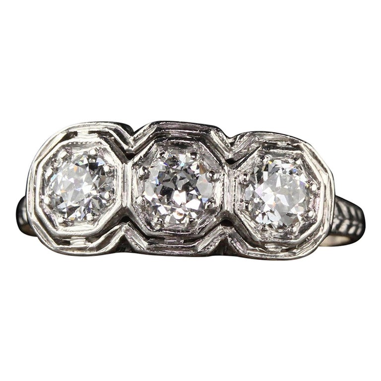 Antique Art Deco Platinum Old European Cut Three-Stone Ring For Sale at ...