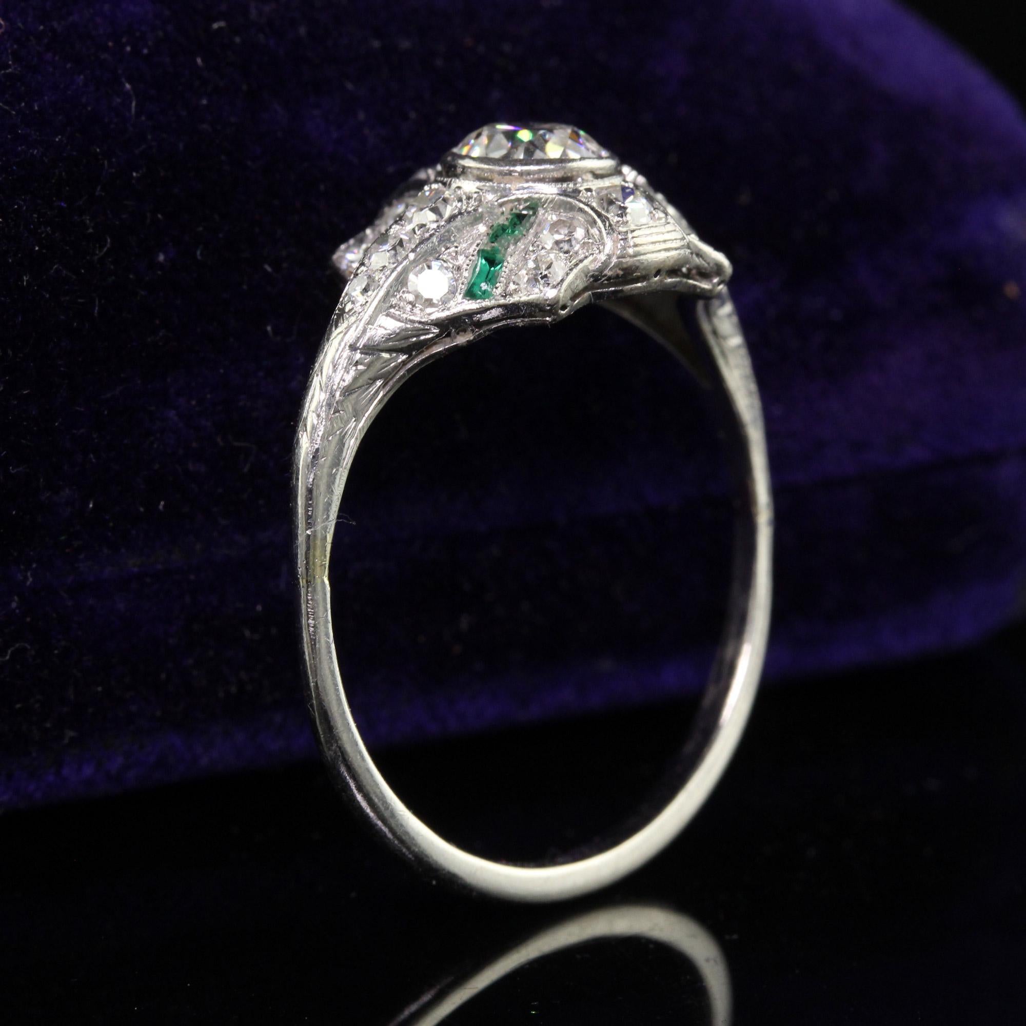 Old European Cut Antique Art Deco Platinum Old European Diamond and Emerald Engagement Ring For Sale