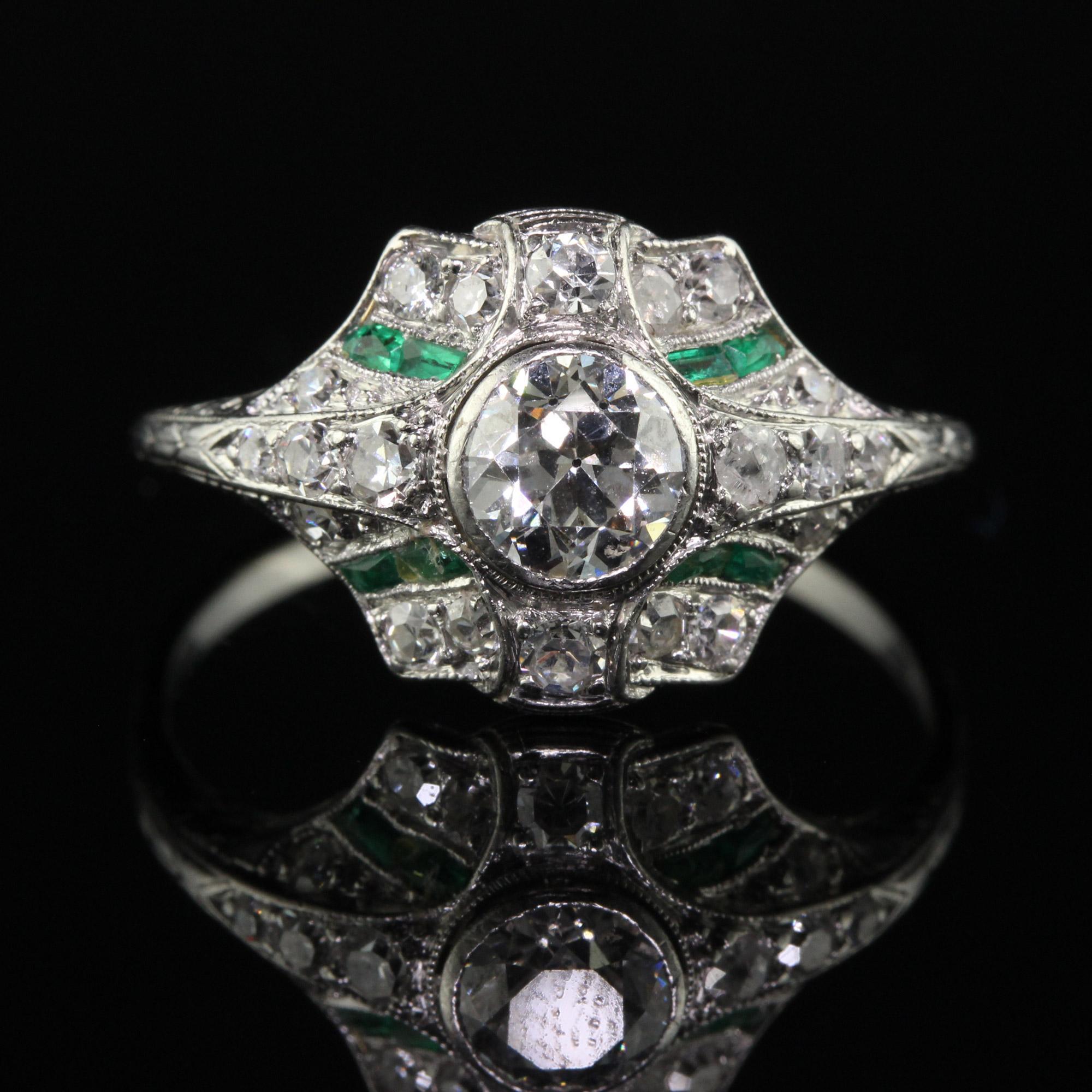 Antique Art Deco Platinum Old European Diamond and Emerald Engagement Ring In Good Condition For Sale In Great Neck, NY
