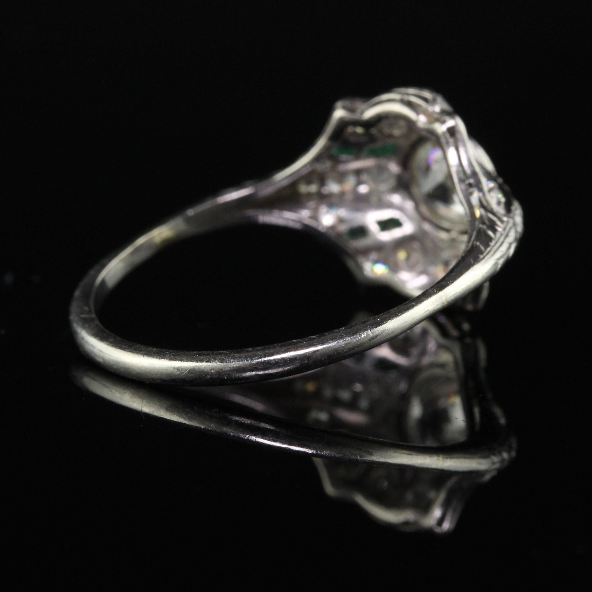 Women's Antique Art Deco Platinum Old European Diamond and Emerald Engagement Ring For Sale