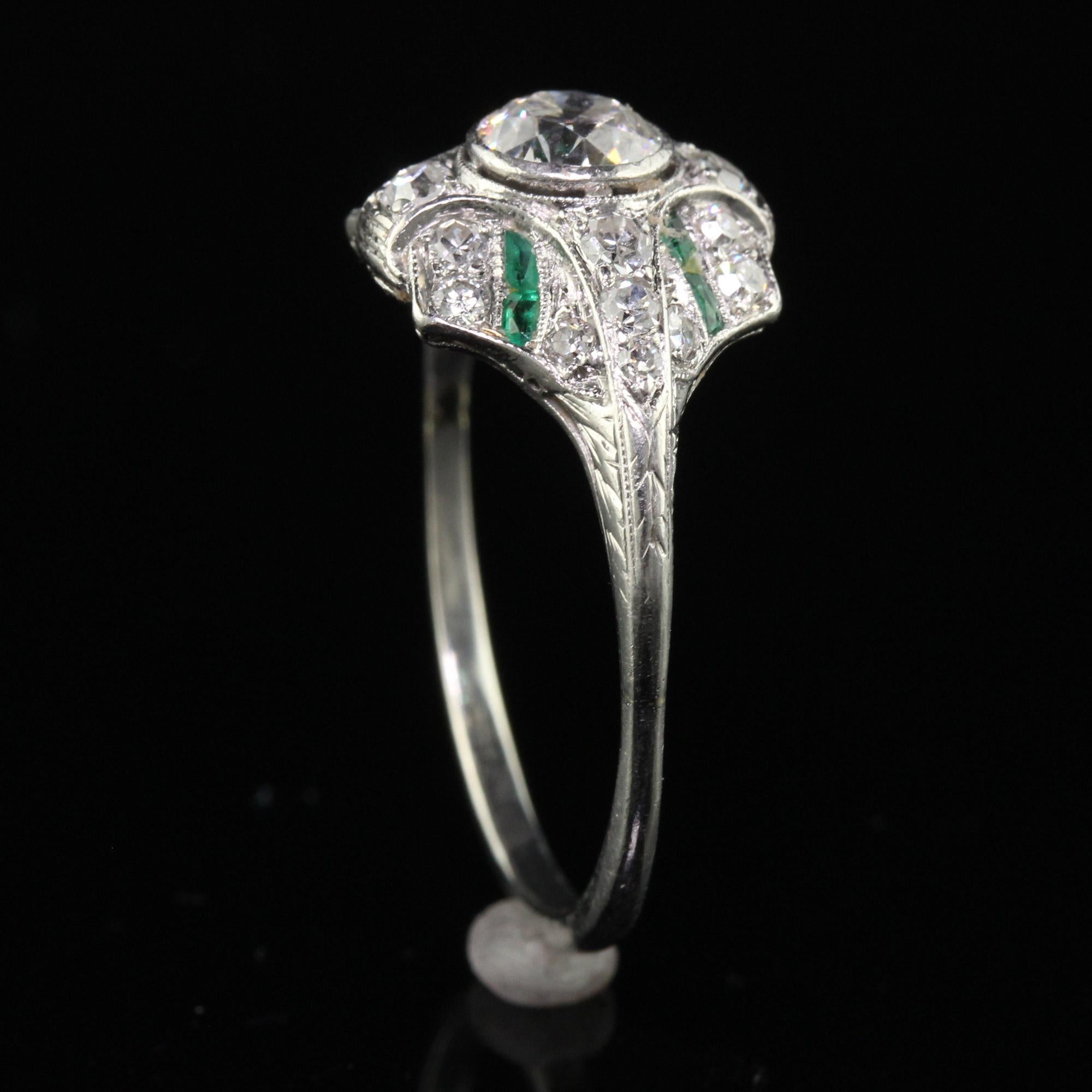 Antique Art Deco Platinum Old European Diamond and Emerald Engagement Ring For Sale 1