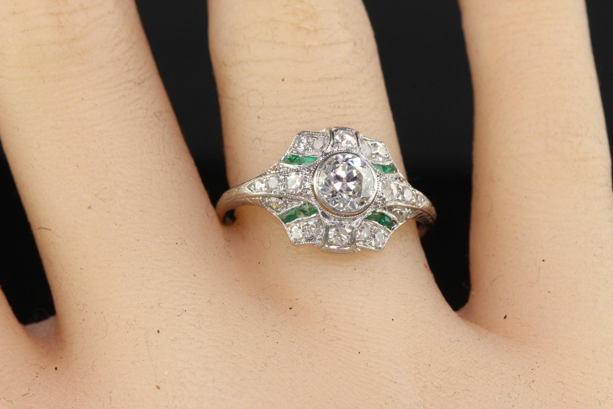 Antique Art Deco Platinum Old European Diamond and Emerald Engagement Ring For Sale 2