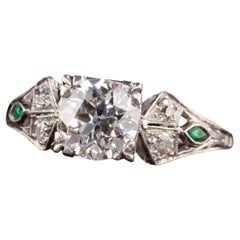 Antique Art Deco Platinum Old European Diamond and Emerald Engagement Ring - GIA Antique Art Deco Platinum Old European Diamond and Emerald Engagement Ring - GIA