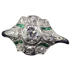 Used Art Deco Platinum Old European Diamond and Emerald Engagement Ring