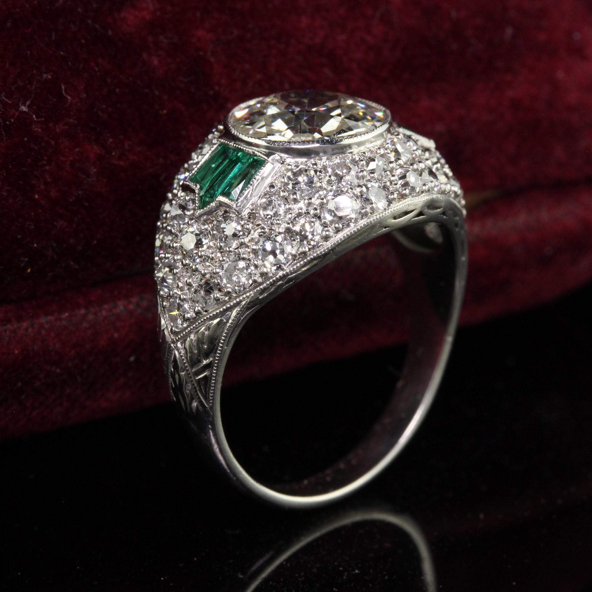 Old European Cut Antique Art Deco Platinum Old European Diamond and Emerald Engagement Ring - GIA For Sale