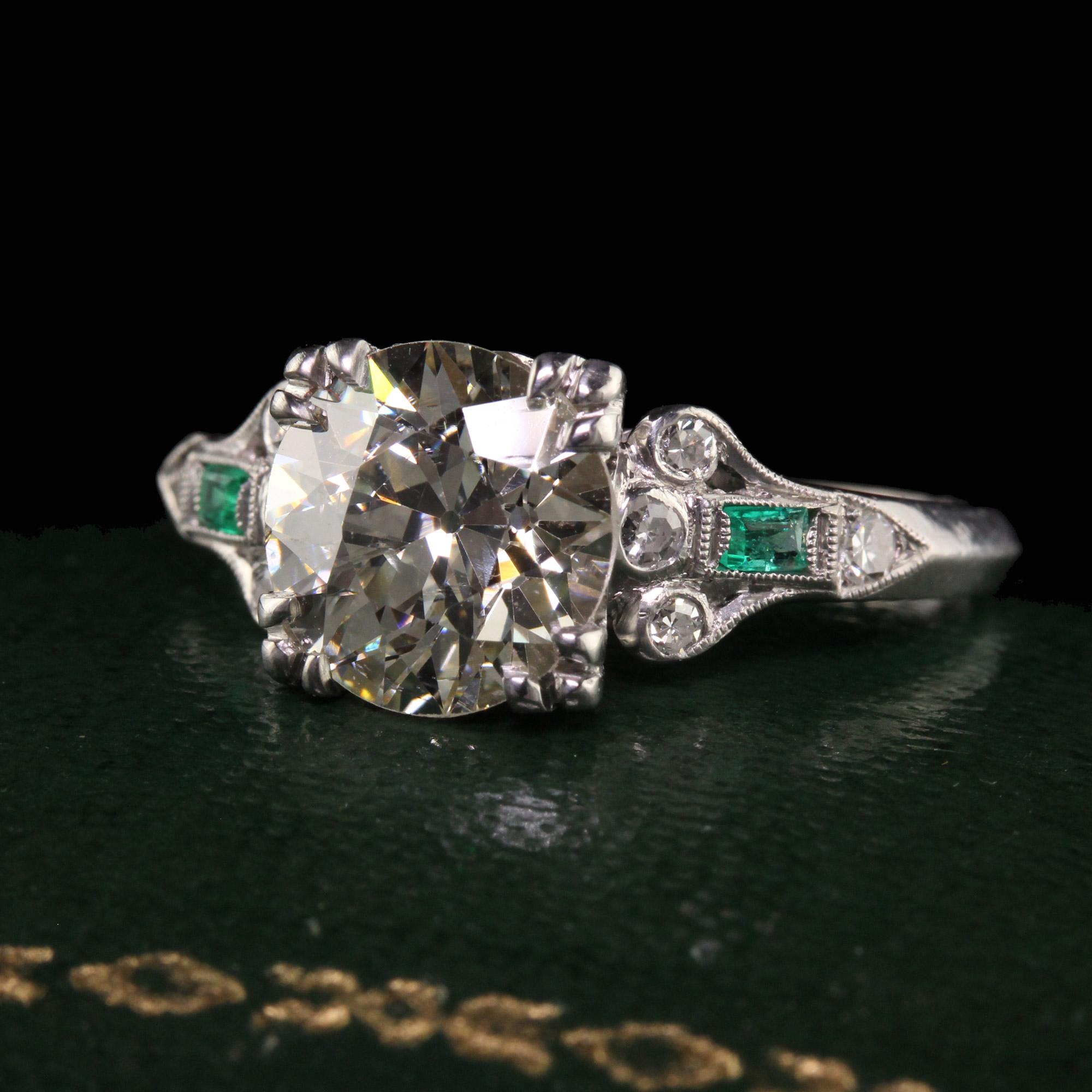 Antiker Art-Déco-Verlobungsring aus Platin mit Diamanten und Smaragden, GIA (Alteuropäischer Schliff)