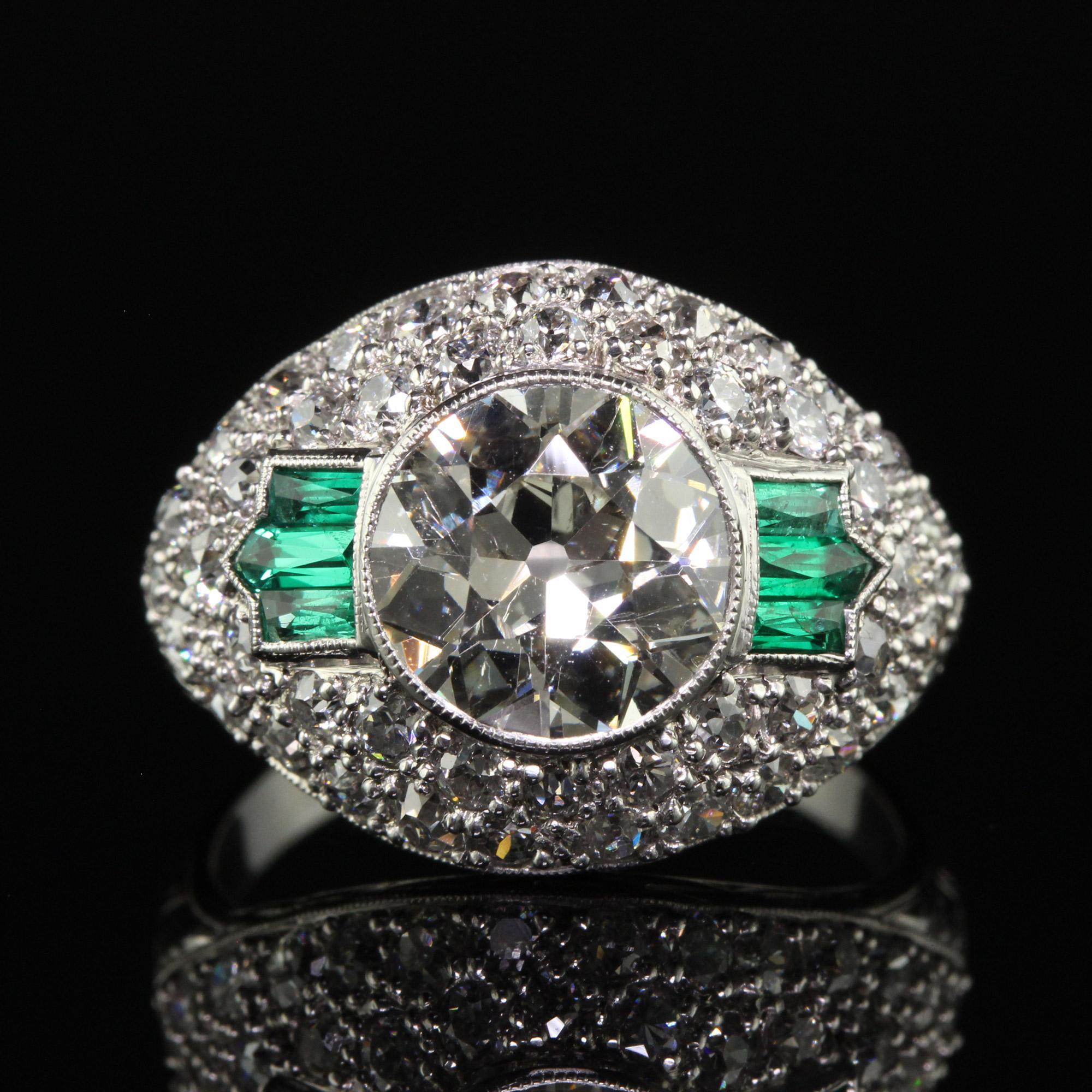 Women's Antique Art Deco Platinum Old European Diamond and Emerald Engagement Ring - GIA For Sale