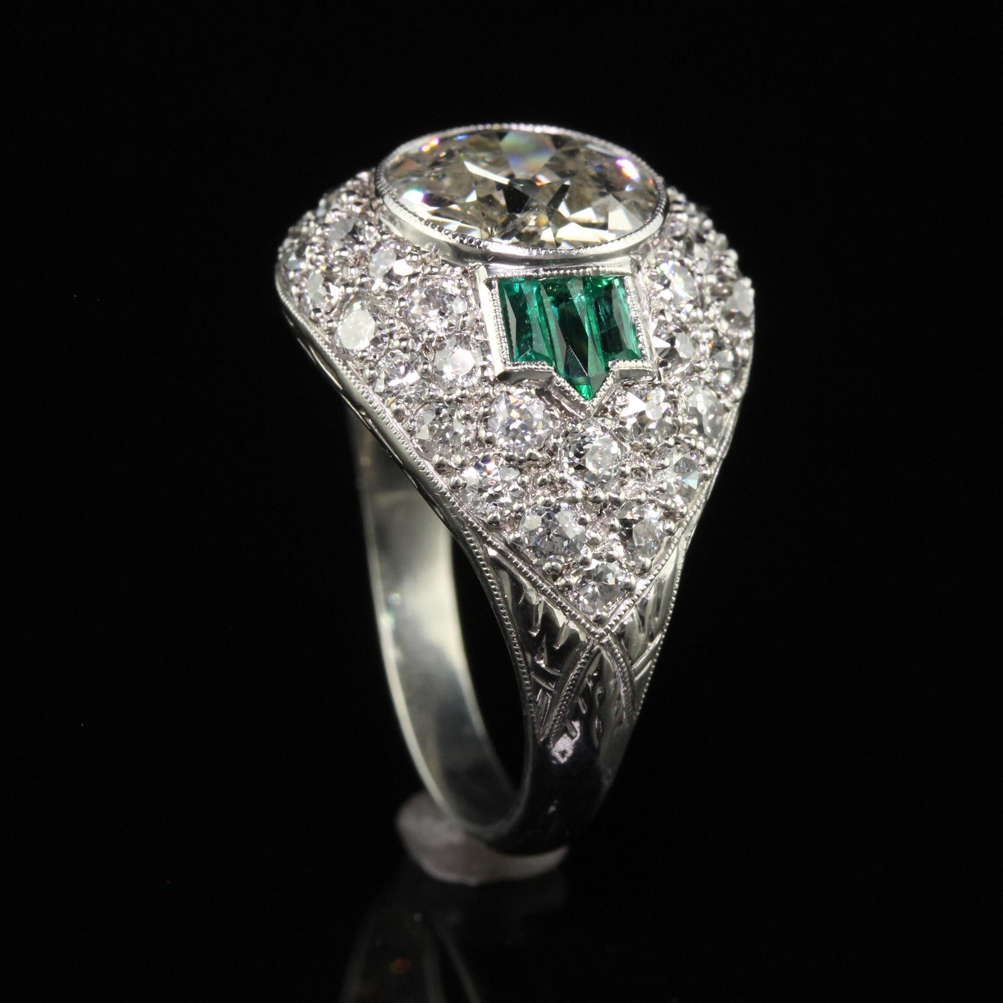 Antique Art Deco Platinum Old European Diamond and Emerald Engagement Ring - GIA For Sale 2