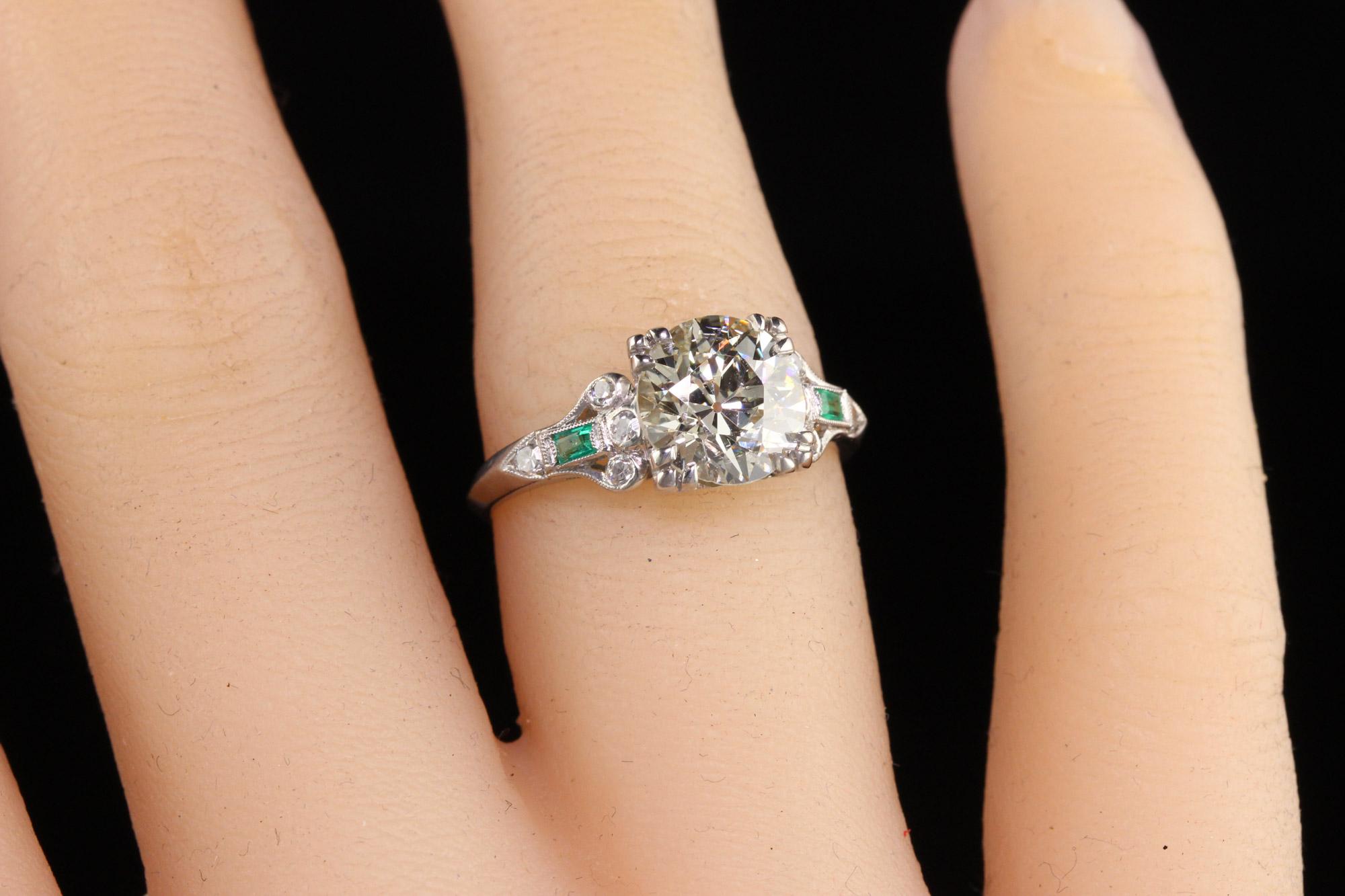 Antiker Art-Déco-Verlobungsring aus Platin mit Diamanten und Smaragden, GIA 2