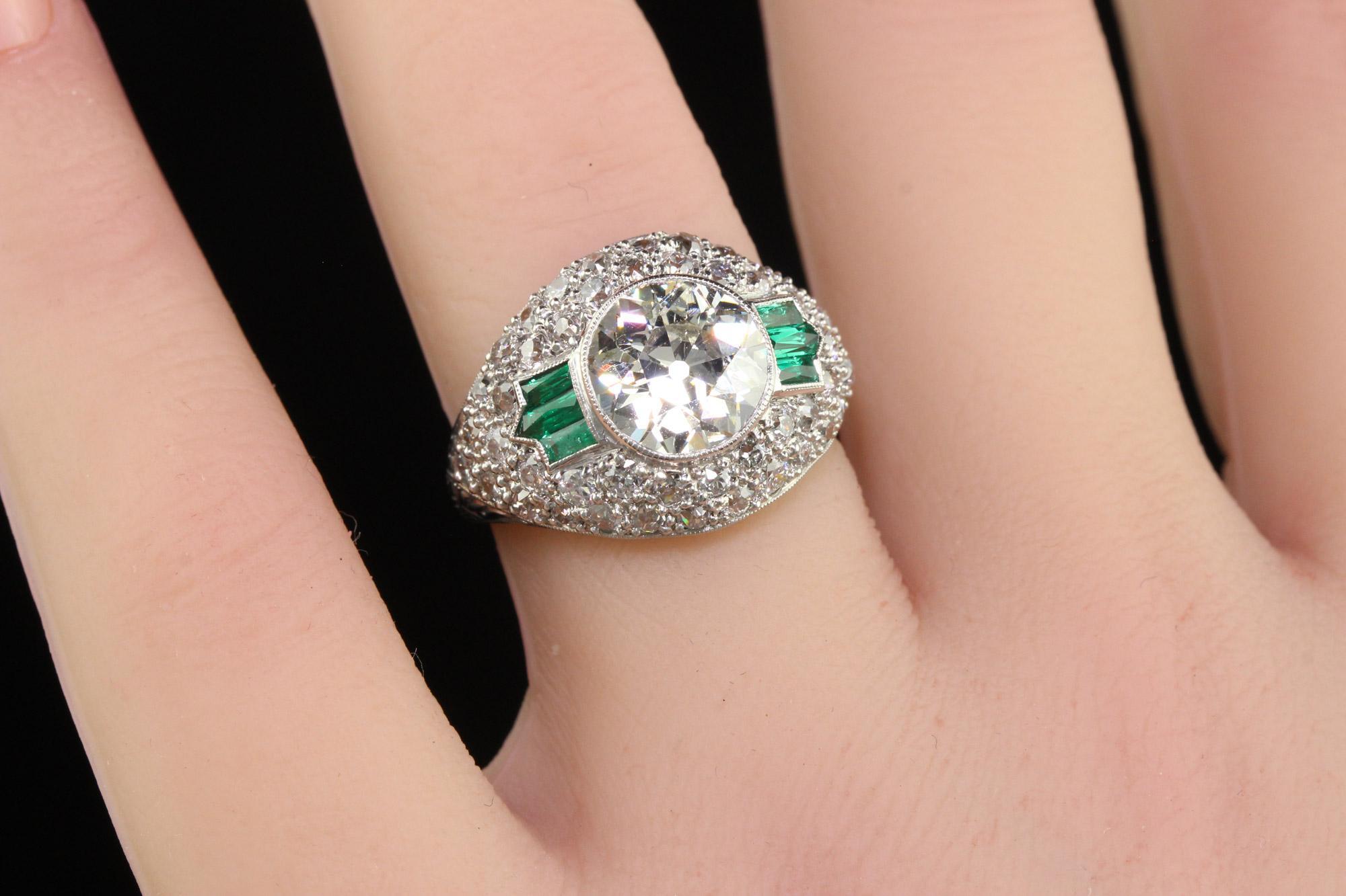 Antique Art Deco Platinum Old European Diamond and Emerald Engagement Ring - GIA For Sale 3