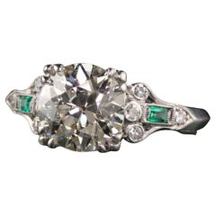 Antique Art Deco Platinum Old European Diamond and Emerald Engagement Ring, GIA