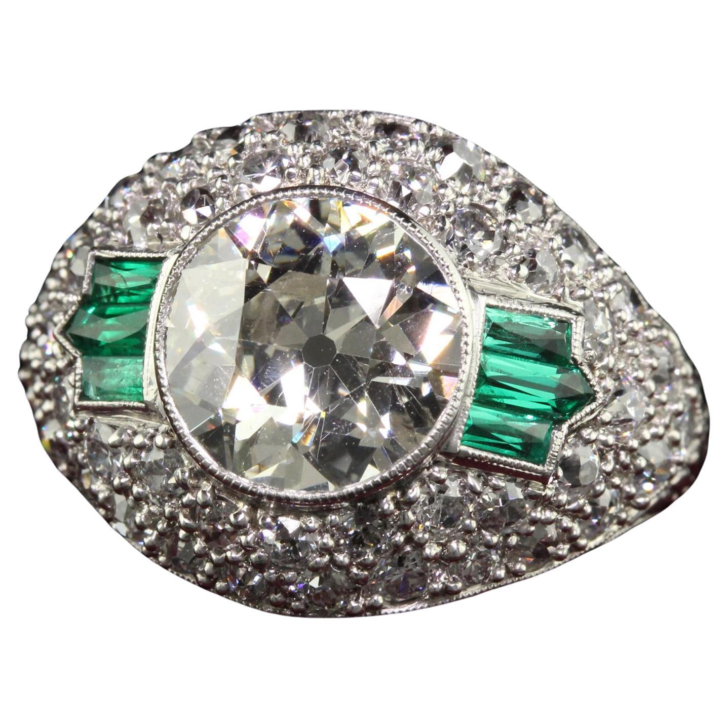 Antique Art Deco Platinum Old European Diamond and Emerald Engagement Ring - GIA For Sale