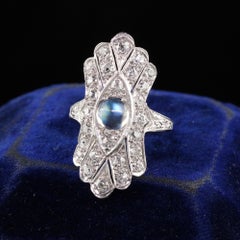 Antique Art Deco Platinum Old European Diamond and Moonstone Shield Ring