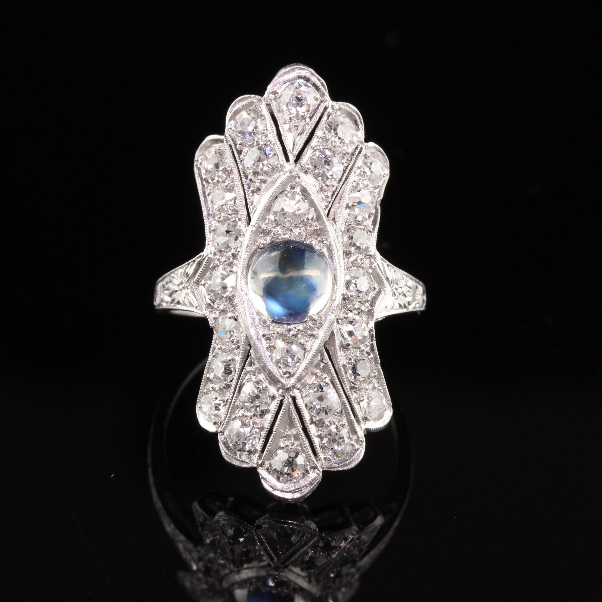Antique Art Deco Platinum Old European Diamond and Moonstone Shield Ring In Good Condition For Sale In Great Neck, NY