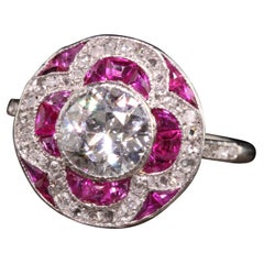 Antique Art Deco Platinum Old European Diamond and Ruby Engagement Ring