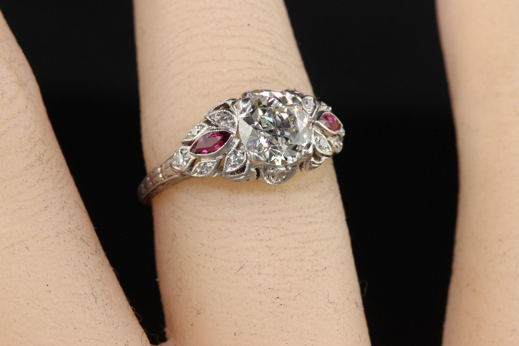Antique Art Deco Platinum Old European Diamond and Ruby Engagement Ring - GIA For Sale 5