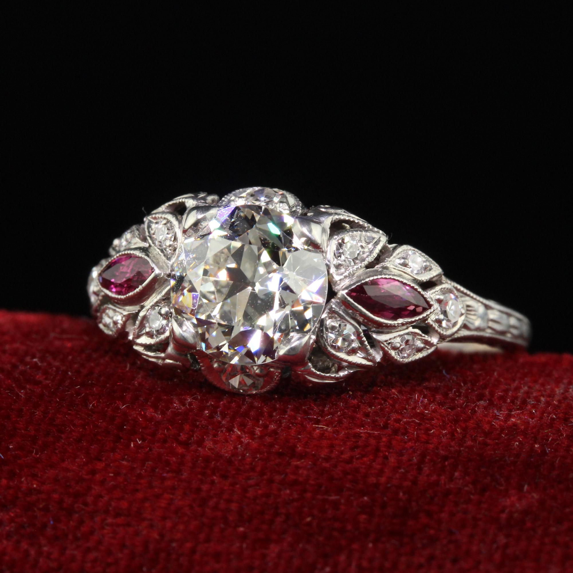 Antique Art Deco Platinum Old European Diamond and Ruby Engagement Ring - GIA For Sale 1