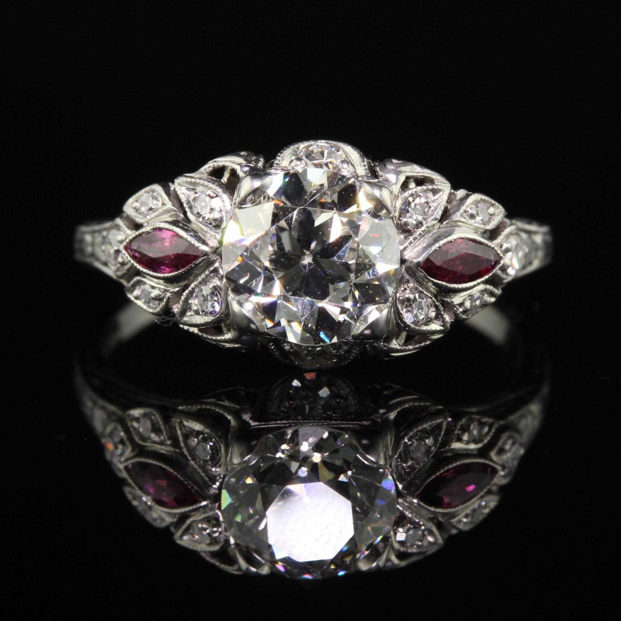 Antique Art Deco Platinum Old European Diamond and Ruby Engagement Ring - GIA For Sale 2