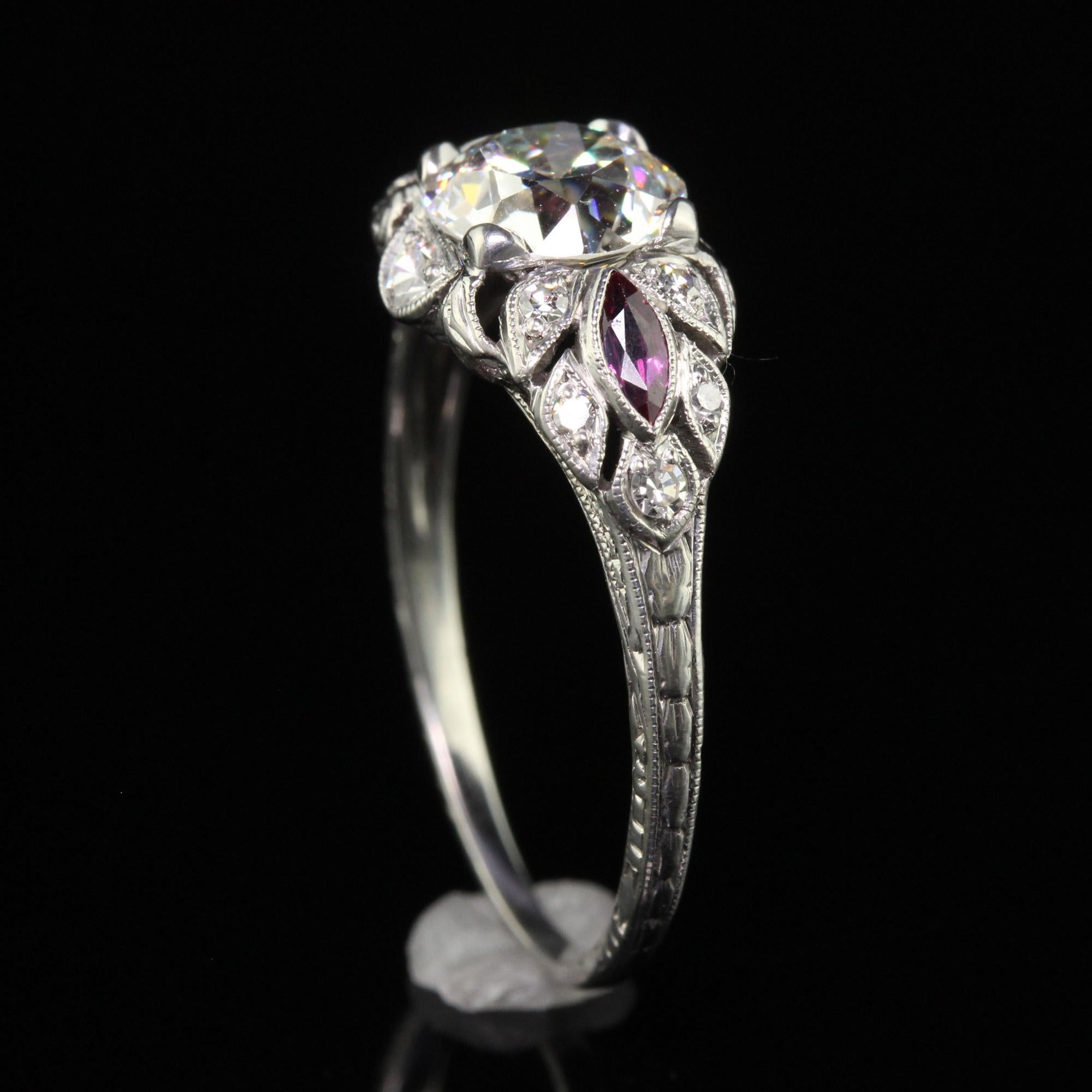 Antique Art Deco Platinum Old European Diamond and Ruby Engagement Ring - GIA For Sale 4
