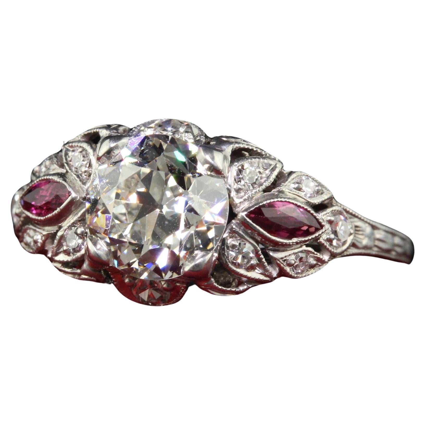 Antique Art Deco Platinum Old European Diamond and Ruby Engagement Ring - GIA For Sale