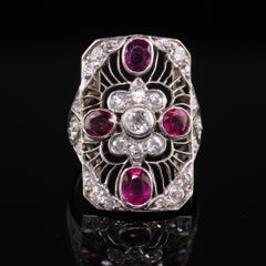 Antique Art Deco Platinum Old European Diamond and Ruby Filigree Shield Ring
