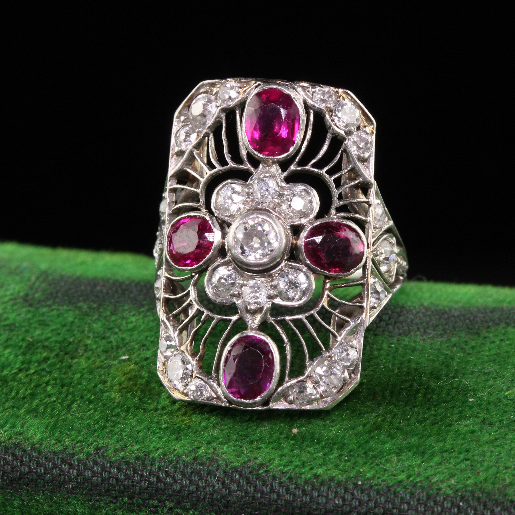 Old European Cut Antique Art Deco Platinum Old European Diamond and Ruby Filigree Shield Ring