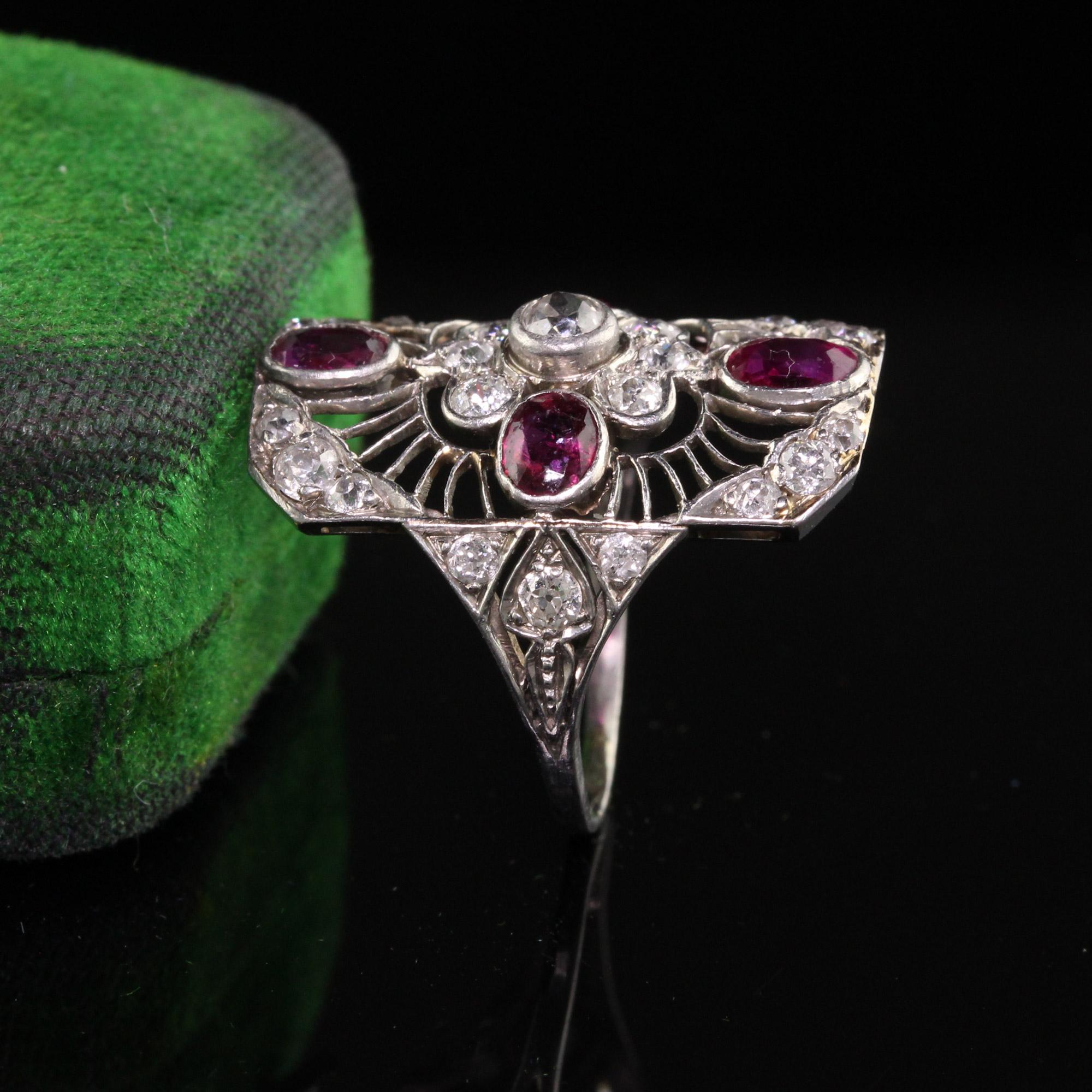 Antique Art Deco Platinum Old European Diamond and Ruby Filigree Shield Ring In Good Condition In Great Neck, NY