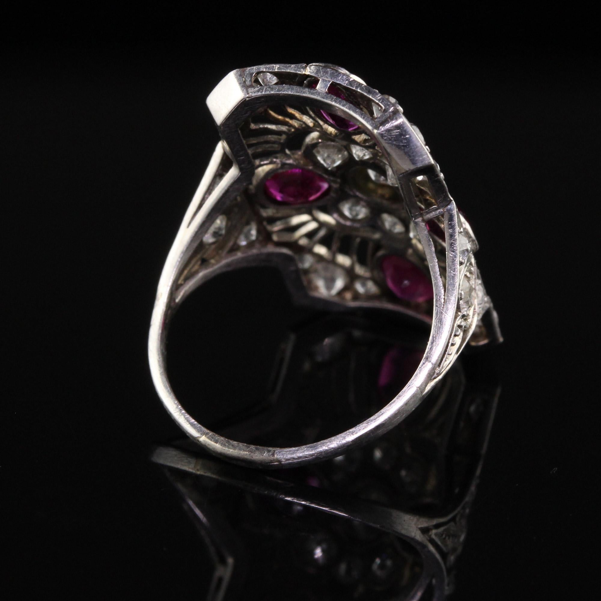 Women's Antique Art Deco Platinum Old European Diamond and Ruby Filigree Shield Ring